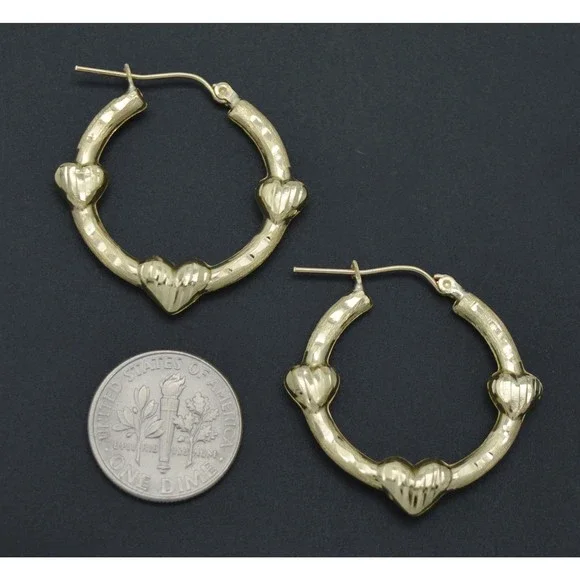 Real 10K Solid Yellow Gold 29mm Triple Heart Bamboo Graduated Hoop Earrings 2 gr
